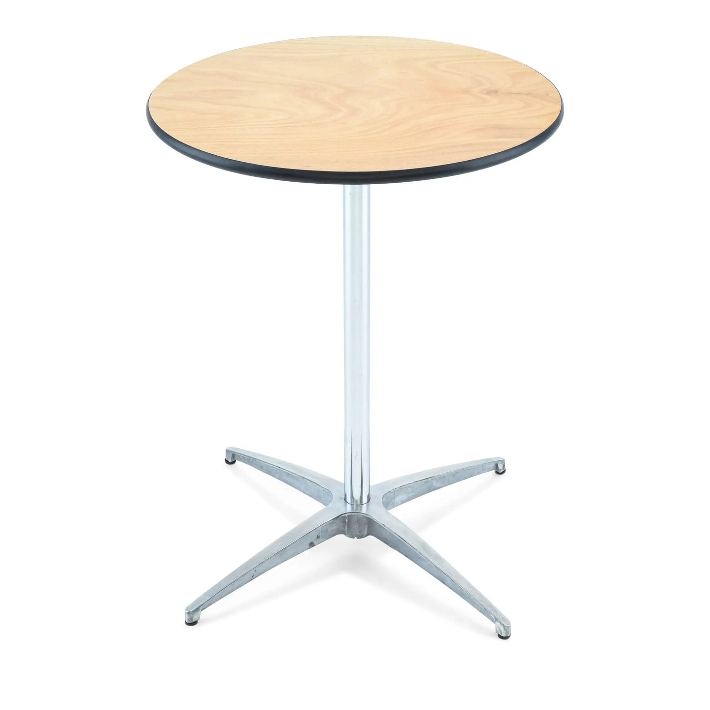 Elegant cocktail table with white linens, perfect for weddings and events, offering a sophisticated and stylish setup for guests to enjoy drinks and socialize.