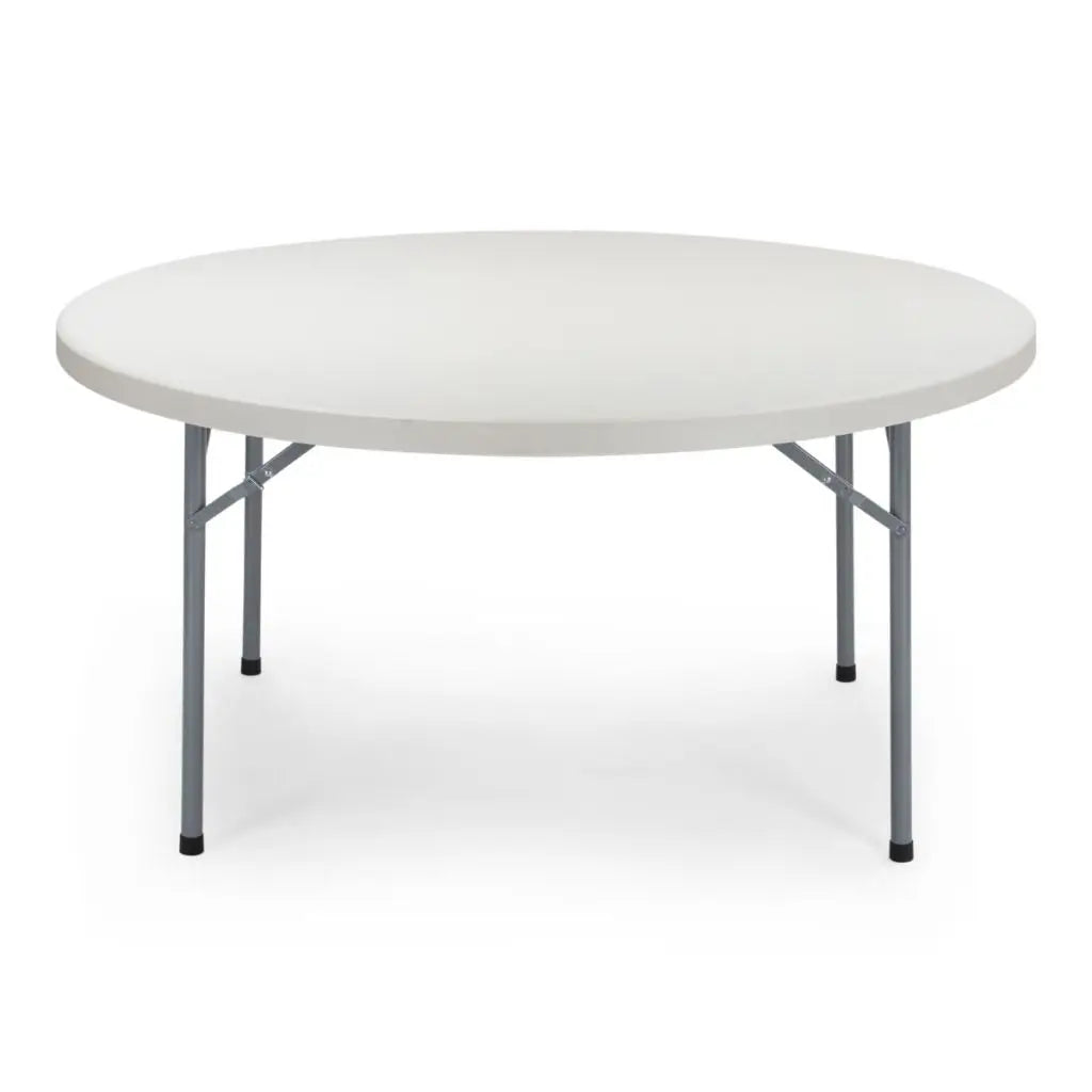 Sturdy 60-inch round folding table, ideal for weddings and events, offering ample space for guests while being easy to transport and set up.