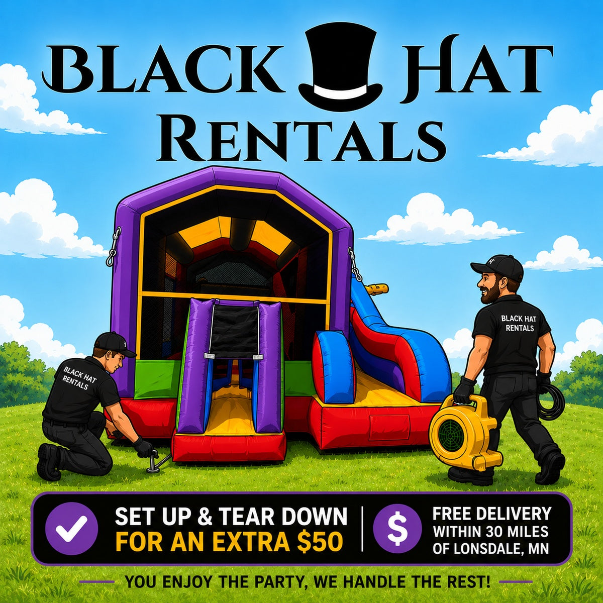 Advertisement for Black Hat Rentals with inflatable slide and delivery service details.