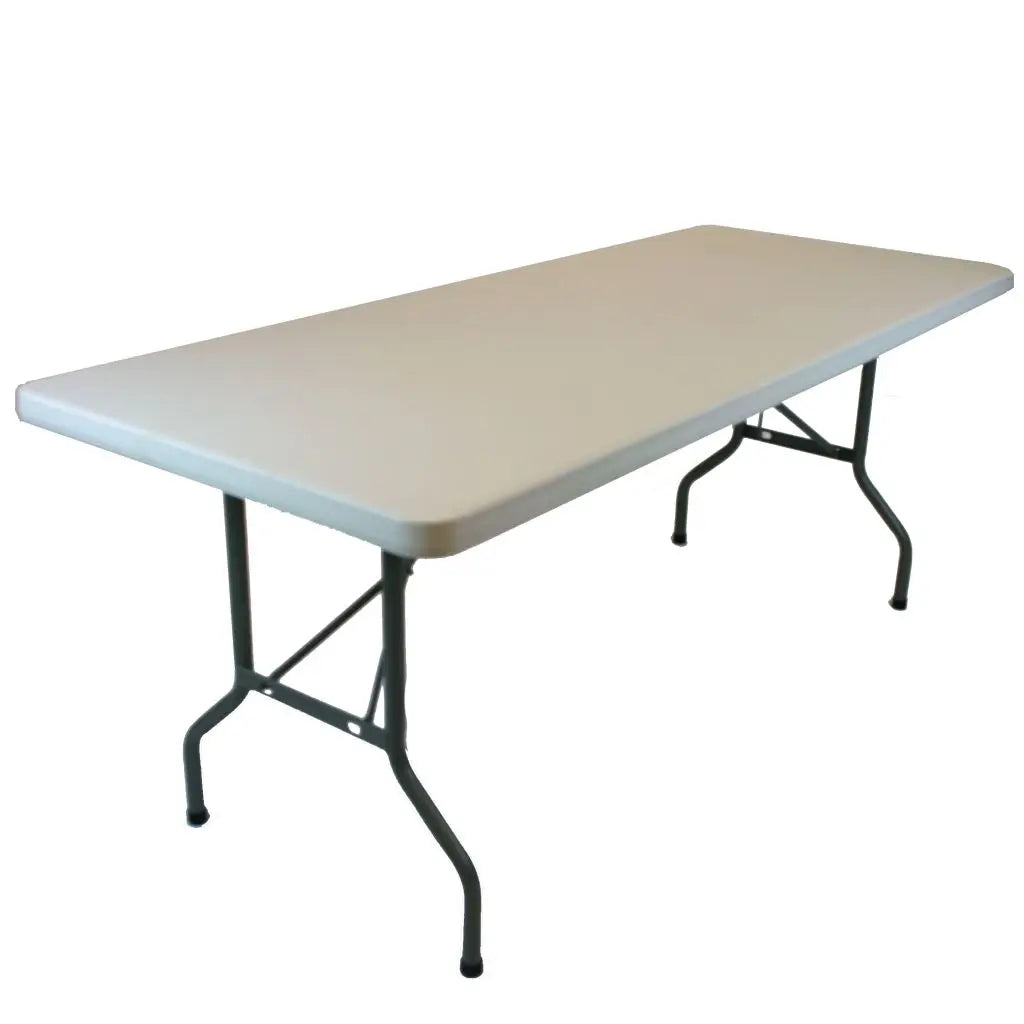 6-foot by 30-inch banquet tables with elegant white linens, perfect for weddings and events, providing ample space and a stylish setting for guests.