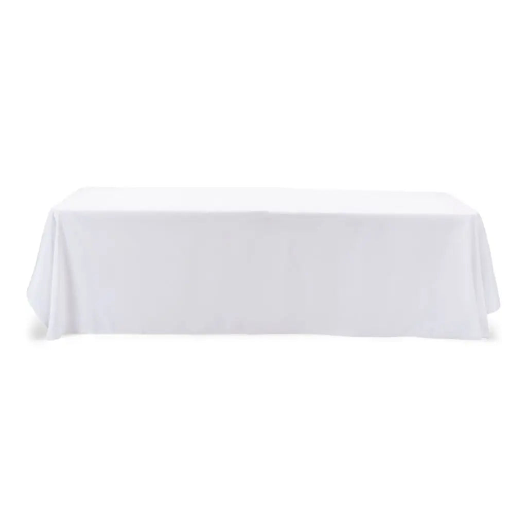 6-foot by 30-inch banquet tables with elegant white linens, perfect for weddings and events, providing ample space and a stylish setting for guests.