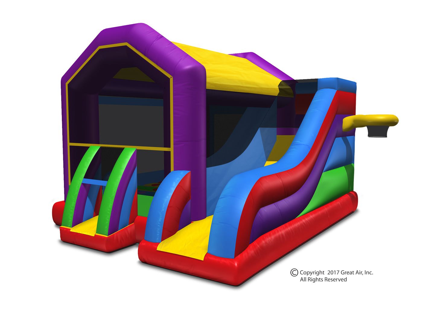 Colorful bounce house with attached slide, featuring vibrant purple, yellow, red, green, and blue panels, ideal for kids' parties and events.