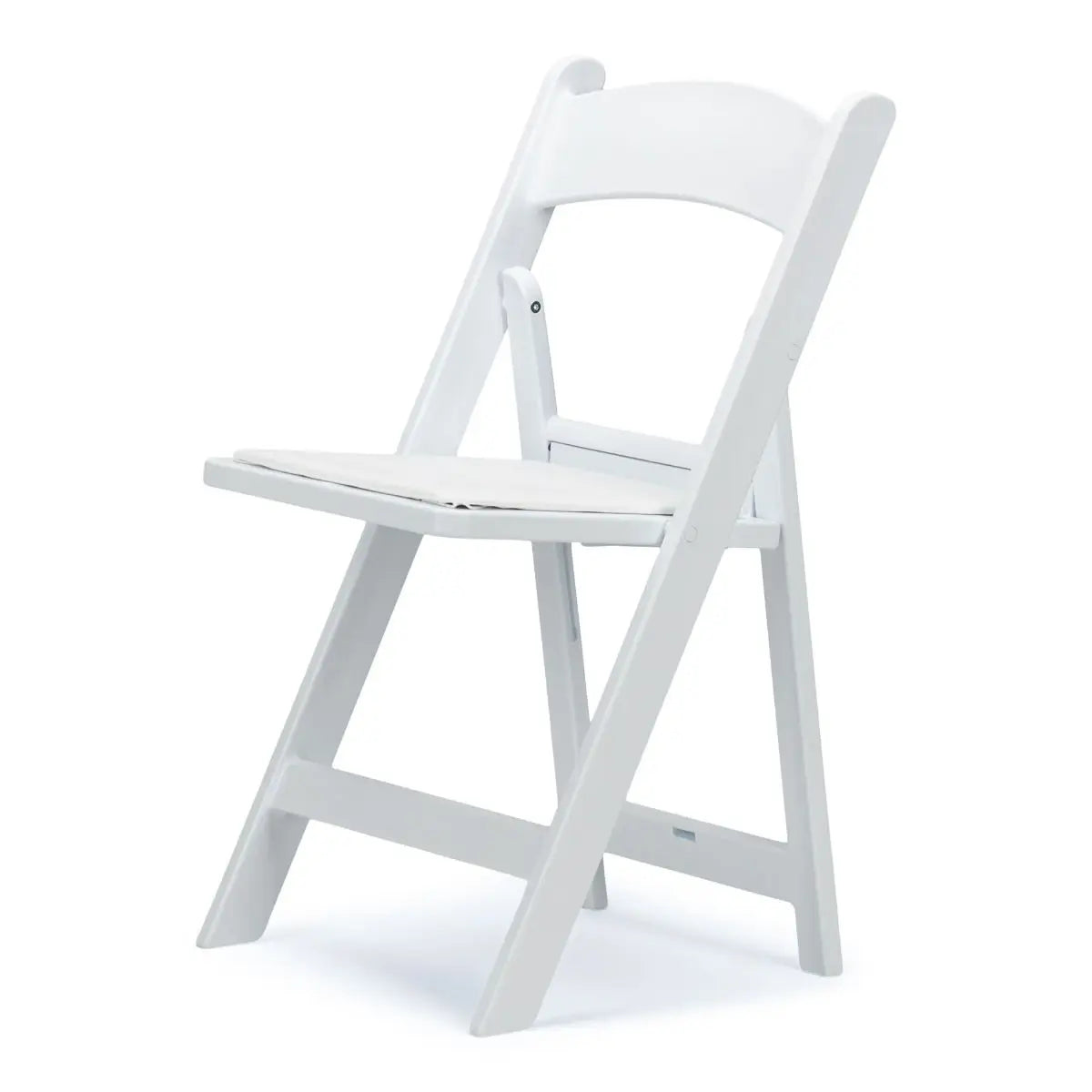 White resin folding chair with a padded seat, ideal for weddings and events. Lightweight, durable, and elegant, perfect for any venue.