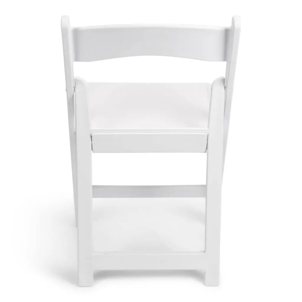 White resin folding chair with a padded seat, ideal for weddings and events. Lightweight, durable, and elegant, perfect for any venue.